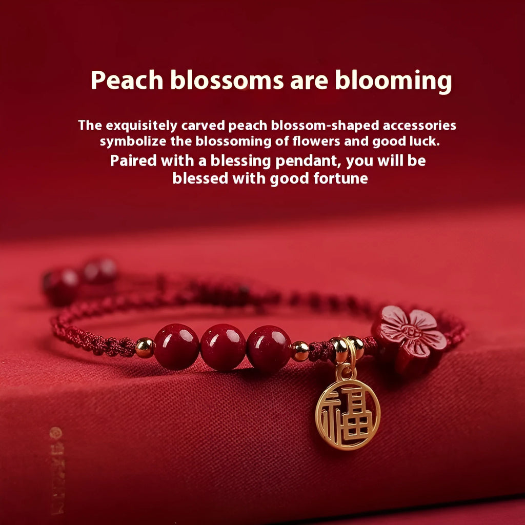 Cinnabar braided rope bracelet with round bead blessing card in wine red colour