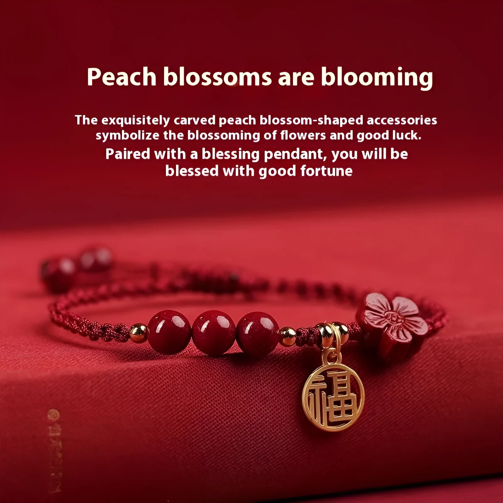 Cinnabar braided rope bracelet with round bead blessing card in wine red colour