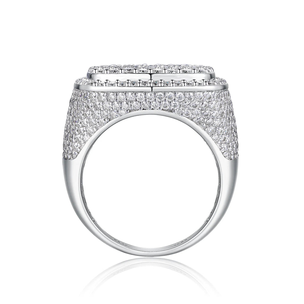 Royal Square Diamond men's ring with square moissanite stone, S925 silver, platinum plated, on white background