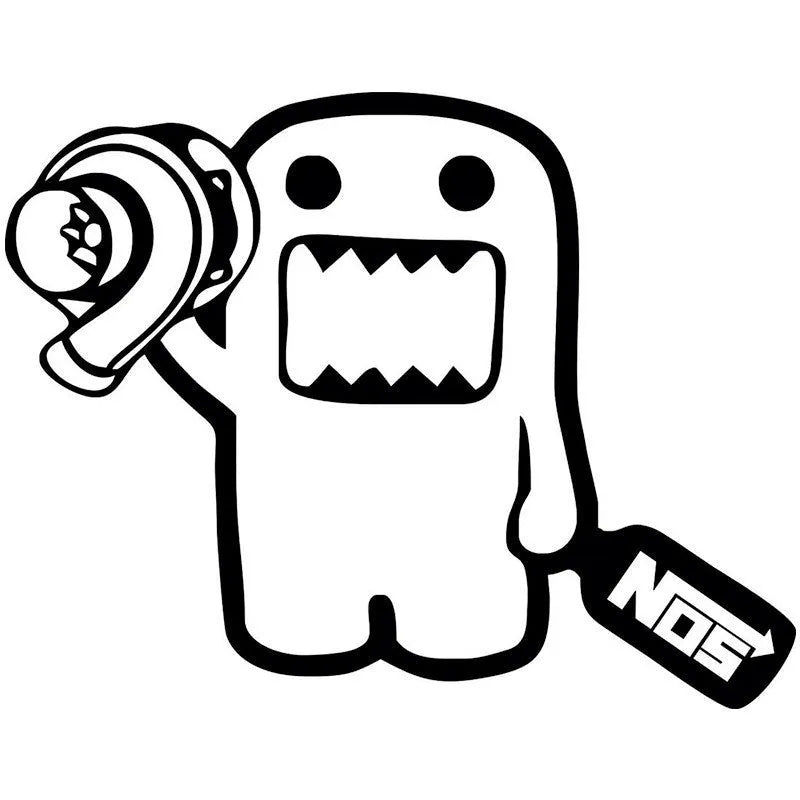 Black and white cartoon-style car sticker measuring 15cm by 12cm on a transparent background.