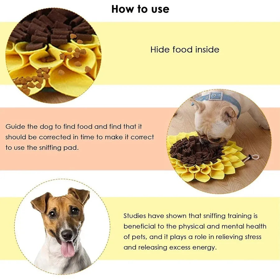 Yellow sunflower-shaped dog snuffle mat with fabric layers for hiding treats during nosework training
