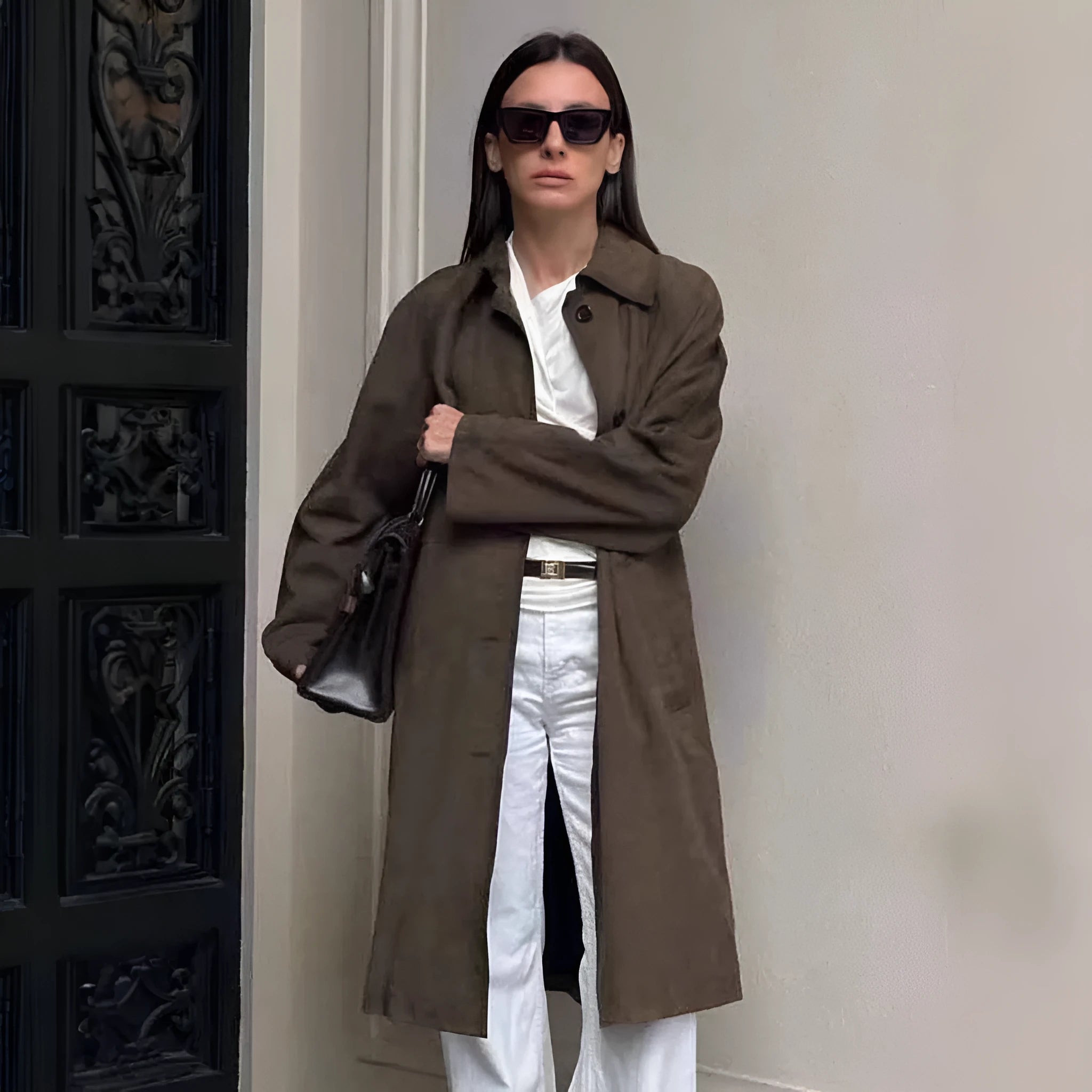 Vintage brown suede coat with loose lapels, raglan sleeves, and front pockets