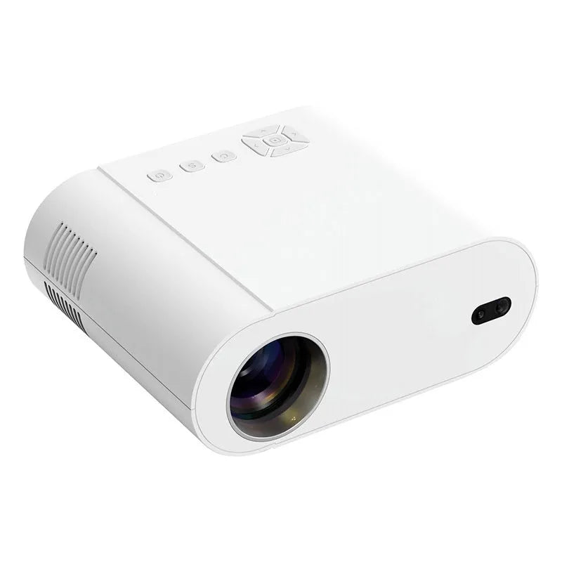 White T07 Full HD 1080p smart Android projector with remote control on a table.