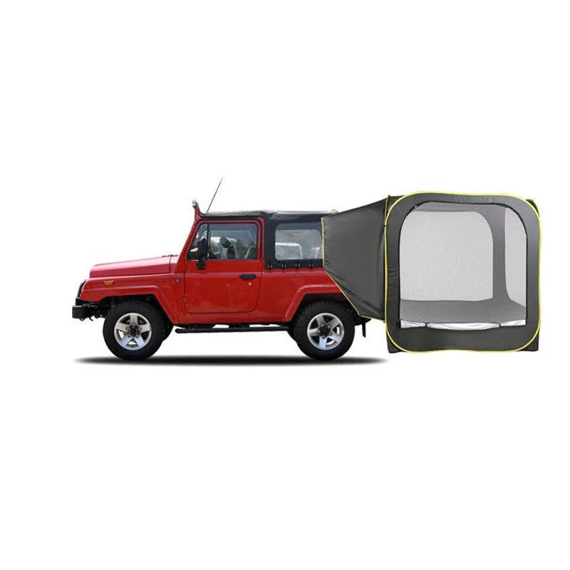 Black pop-up car tail tent unfolded to 200cm cube with quick-throw design and steel jackstays
