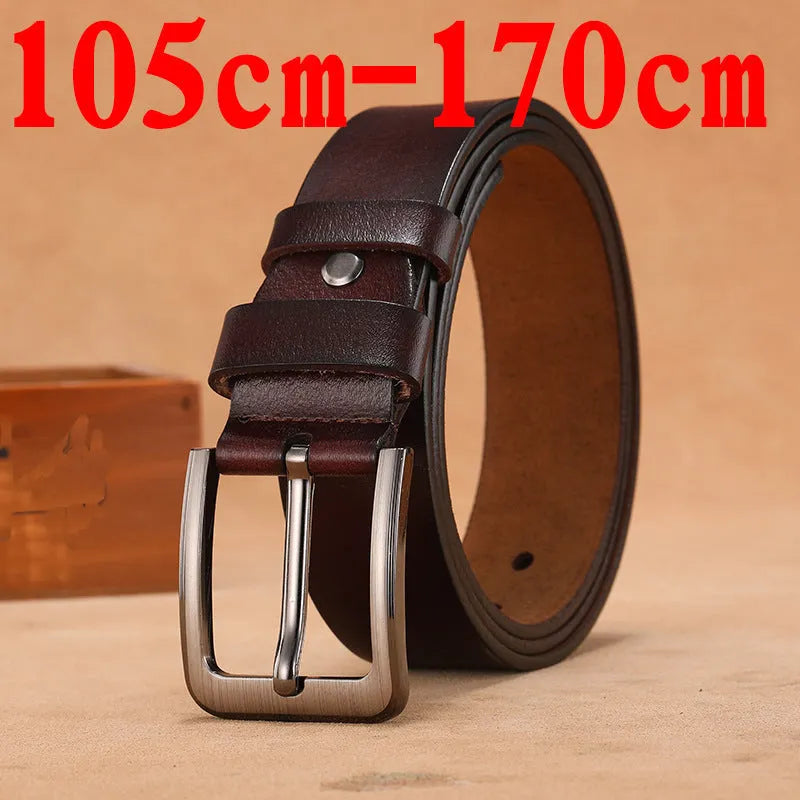 Square head pin buckle casual jeans belt in black or brown, shown with size options.