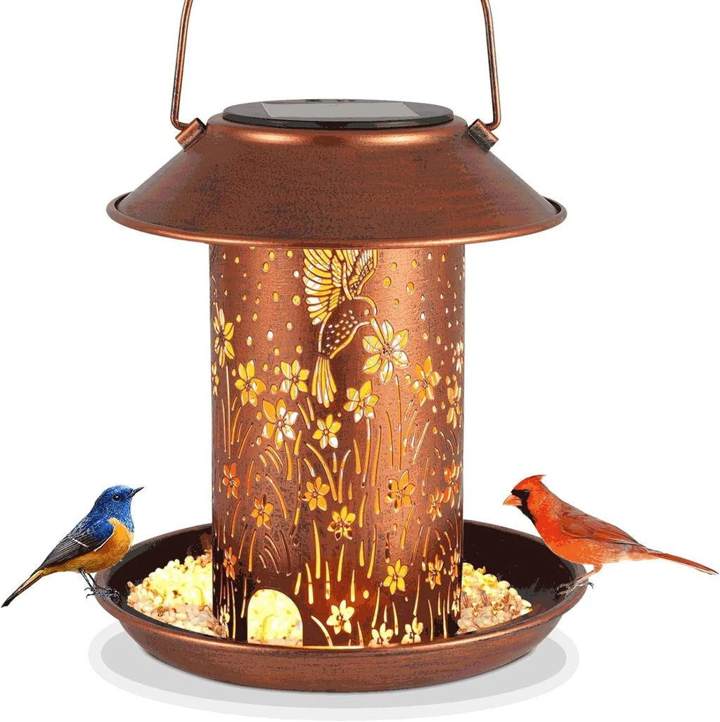 Solar-powered bird feeder lamp with hummingbird pattern iron art design for outdoor garden use