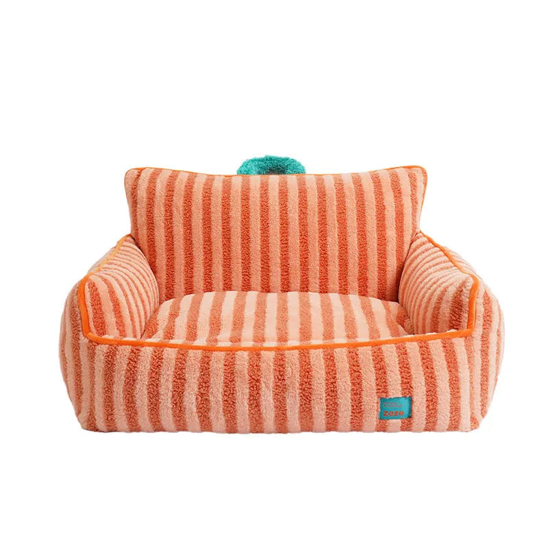 Striped orange plush pet bed with removable cover for small medium dogs