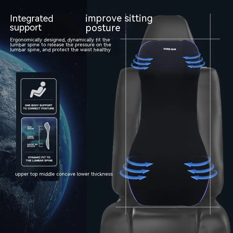 Automotive memory foam waist cushion and headrest support pillow in integrated one-piece design