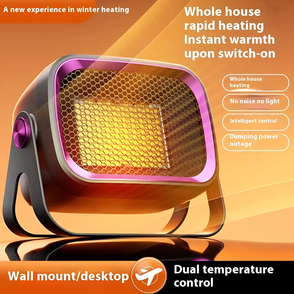 Compact grey desktop heater with rotating design and PTC ceramic heating for small rooms