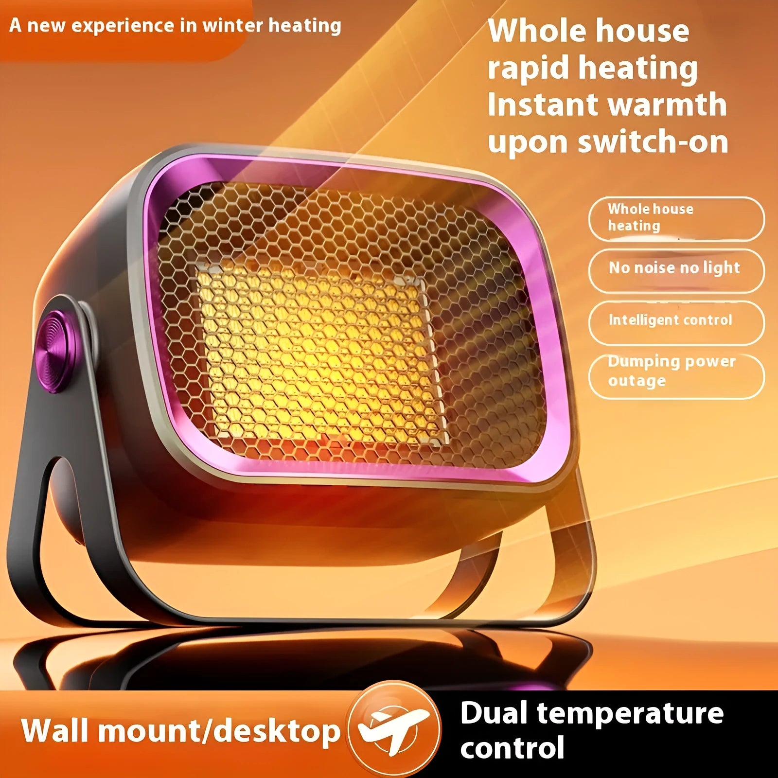 Compact grey desktop heater with rotating design and PTC ceramic heating for small rooms