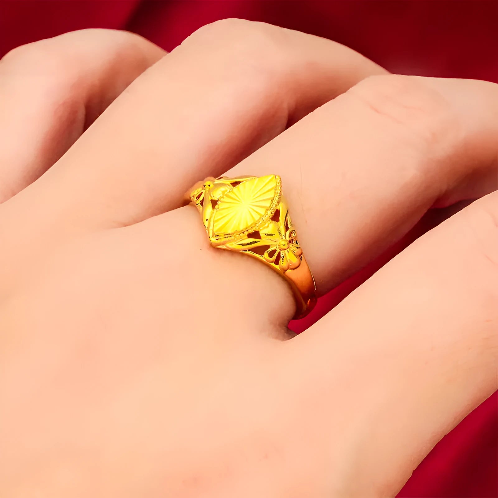 Gold electroplated open diamond flower ring with geometric design and textured surface
