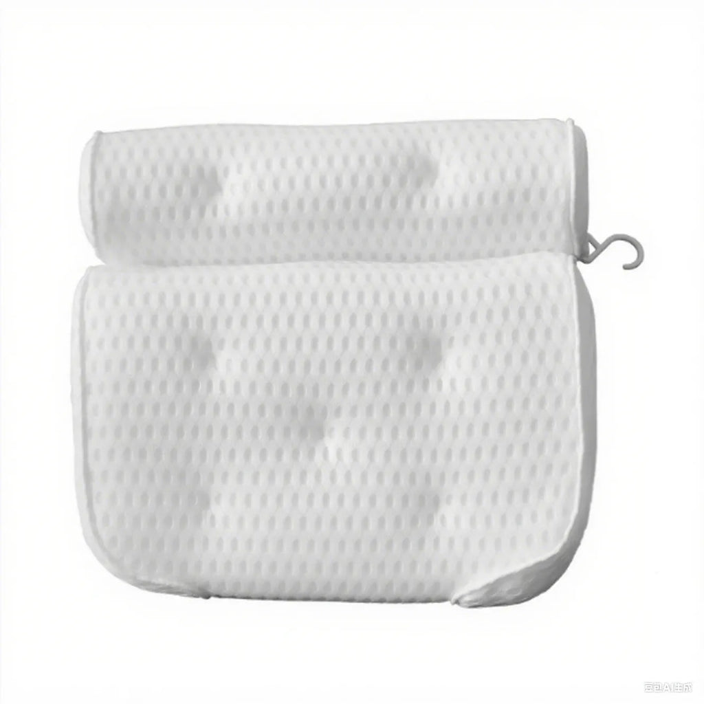 White bathtub pillow with 7 suction cups and 4D mesh design measuring 37x34x10cm