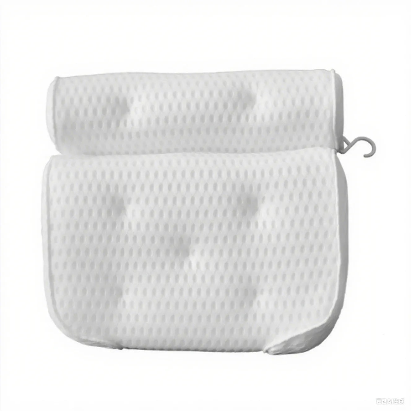 White bathtub pillow with 7 suction cups and 4D mesh design measuring 37x34x10cm