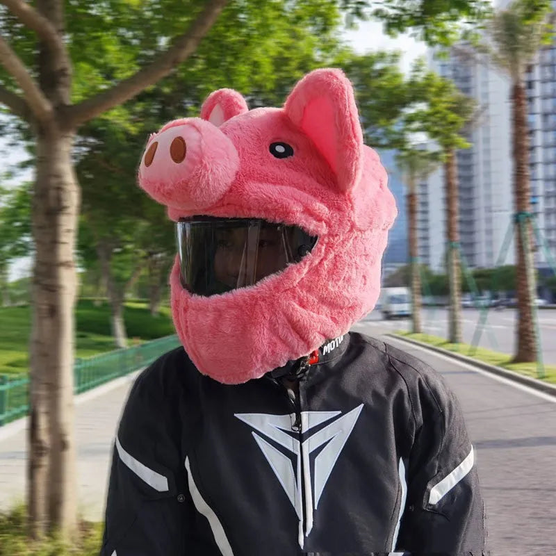 Pink pig cartoon plush motorcycle helmet protective hood made from pv velvet cloth