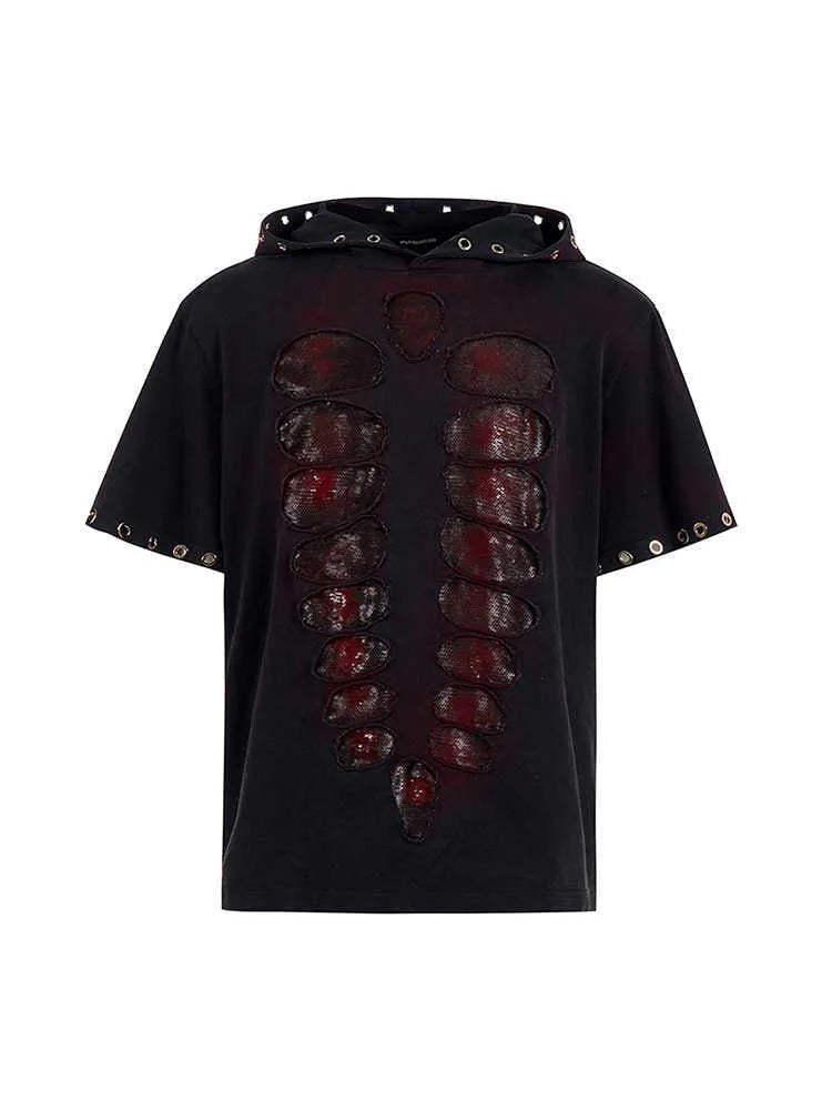 Black men's hooded T-shirt with sequin detailing, loose fit, short sleeves