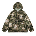 Hooded camouflage sun protection jacket for men, loose fit polyester fibre, shown in camouflage colour.