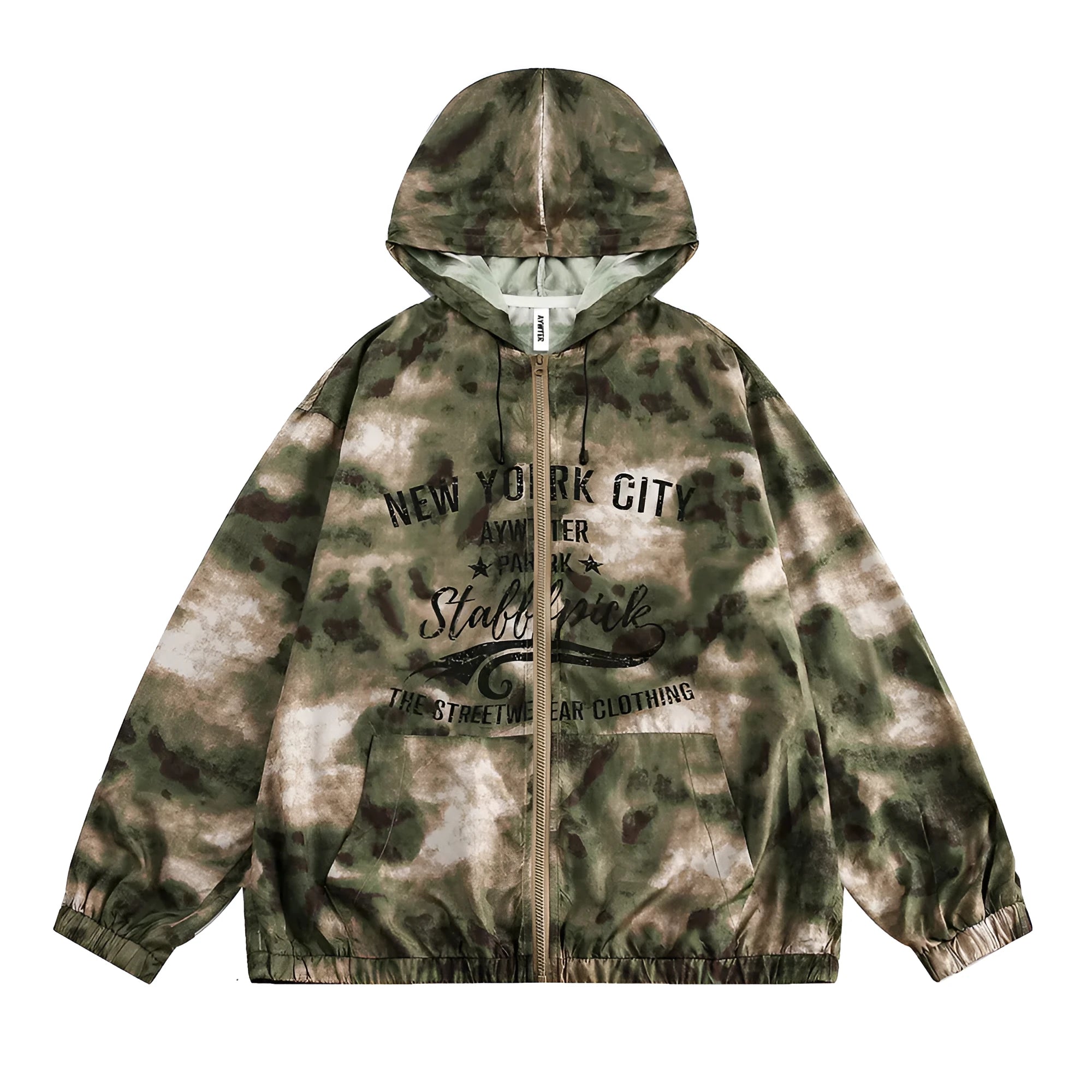 Hooded camouflage sun protection jacket for men, loose fit polyester fibre, shown in camouflage colour.