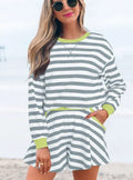 Women's black stripe cotton lounge set with blouse and shorts featuring ribbed banding trim