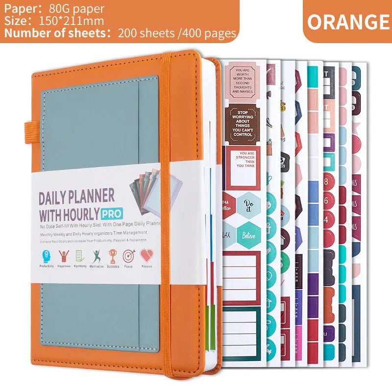 A5 undated notebook with PU leather cover in six colours, open to show flat-lay binding and planning stickers.