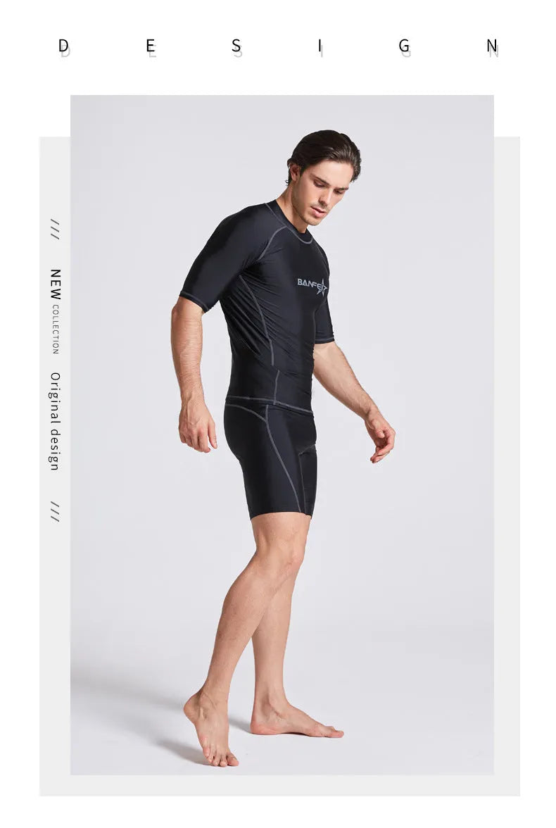 Men's blue quick-drying nylon swim set with half-sleeve top and matching swim pants on a mannequin.