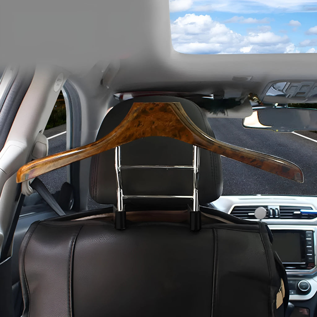Wood yellow stainless steel car hanger for suits and coats mounted on a car seat headrest
