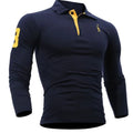 Men's long sleeve polo shirt in dark blue with embroidered deer and digital print, loose fit