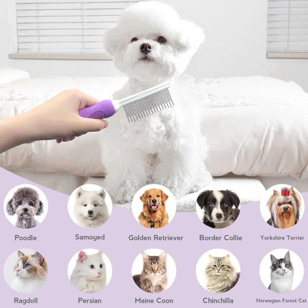 Purple pet grooming comb with stainless steel long and short teeth for detangling dog and cat fur