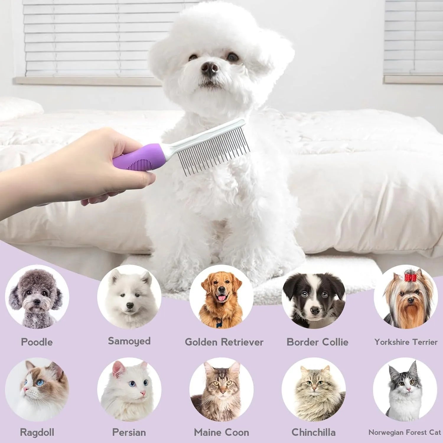 Purple pet grooming comb with stainless steel long and short teeth for detangling dog and cat fur