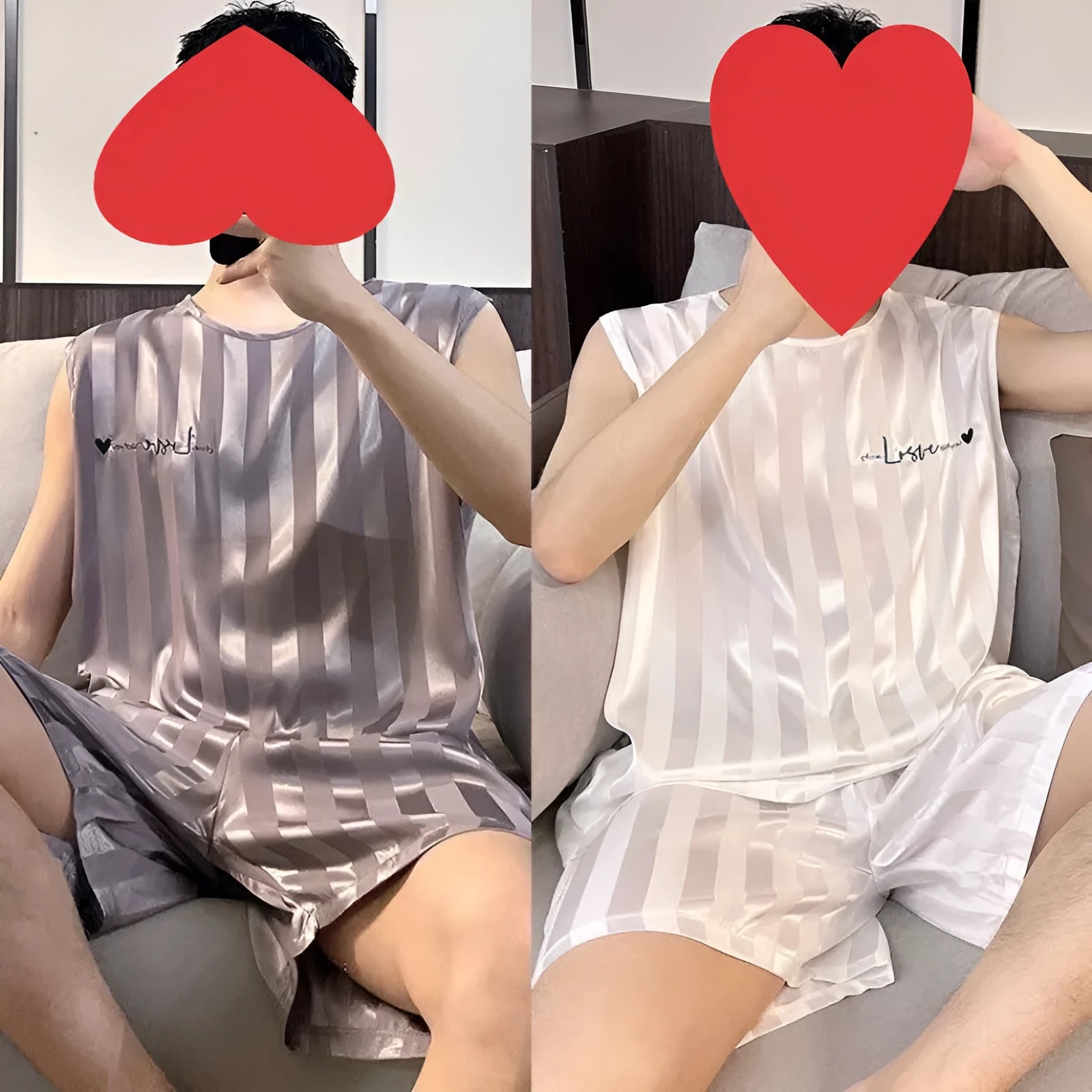 Men's ice silk vest and shorts pyjama set in white, black, and grey summer sleepwear