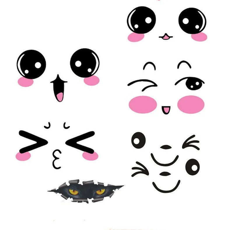 Pair of reflective cartoon car vinyl stickers featuring cute eye designs, for application on vehicle body or mirror.