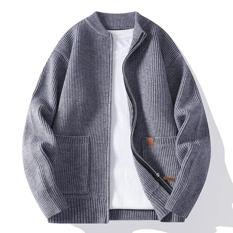 Men's straight-cut striped cardigan jacket in a chemical fibre blend, shown in one of five available colours.