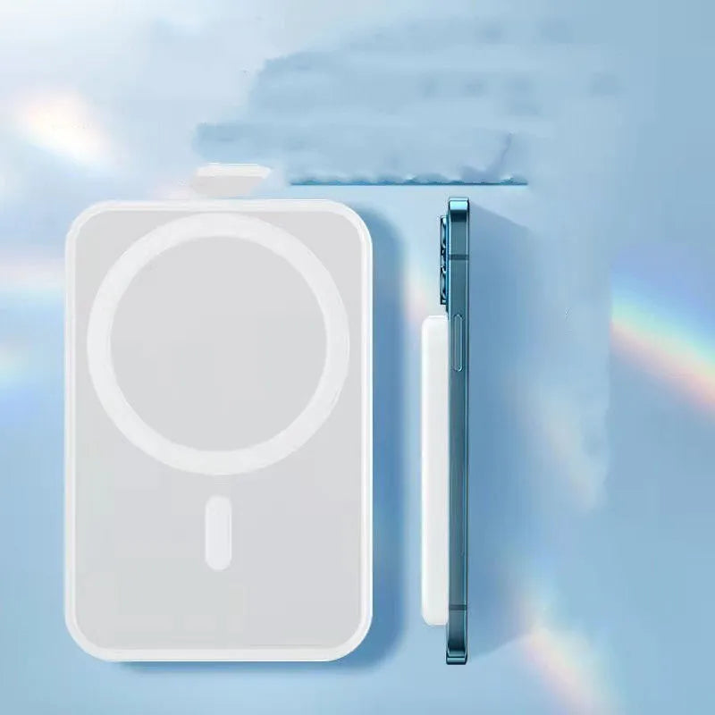 Magnetic wireless charging power bank in white colour showing compact rectangular design