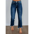 Women's solid colour casual denim jeans with hand-worn distressing in dark blue