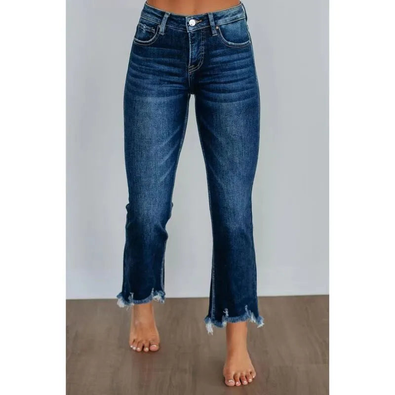 Women's solid colour casual denim jeans with hand-worn distressing in dark blue