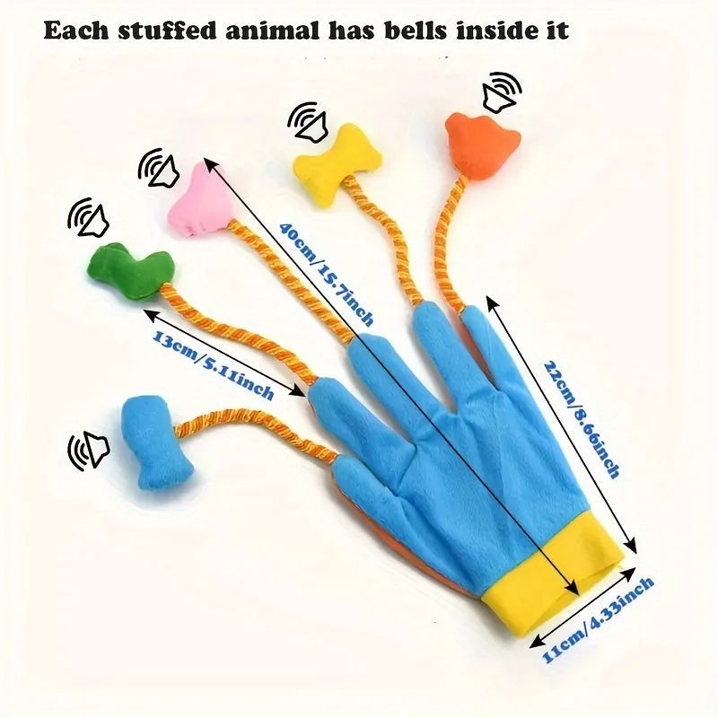 Yellow and blue plush cat toy with magic glove design measuring 40 x 11 cm