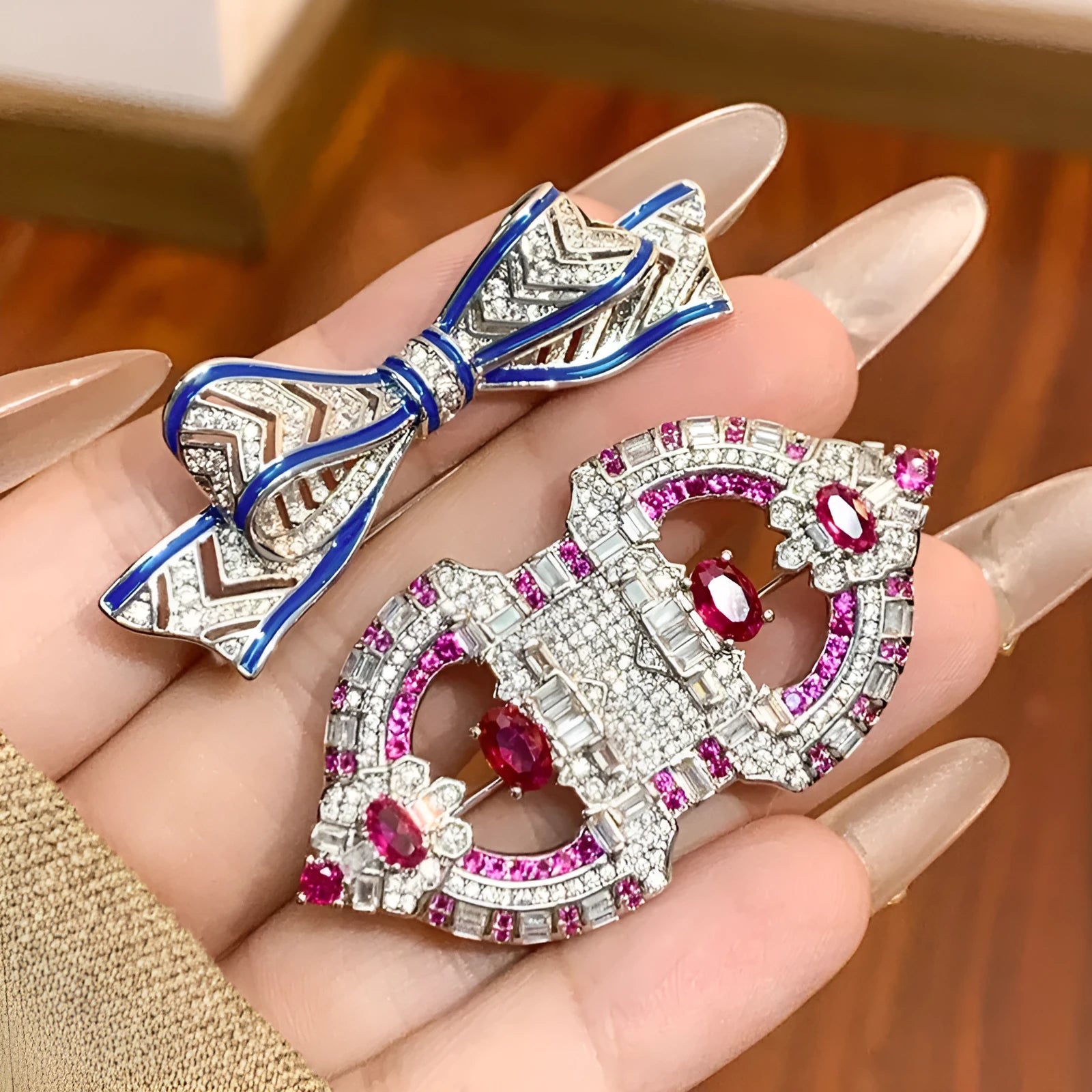 Copper oil dripping floral bow brooch for women suit cheongsam decoration fixation blue red