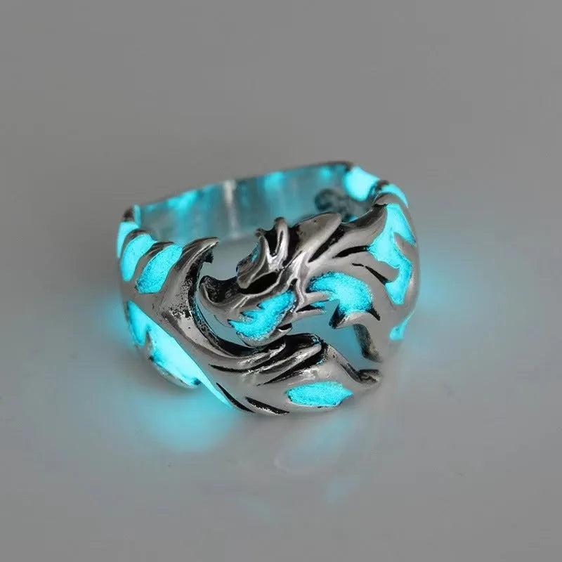 Chinese style luminous dragon pattern adjustable ring in antique silver blue and green.