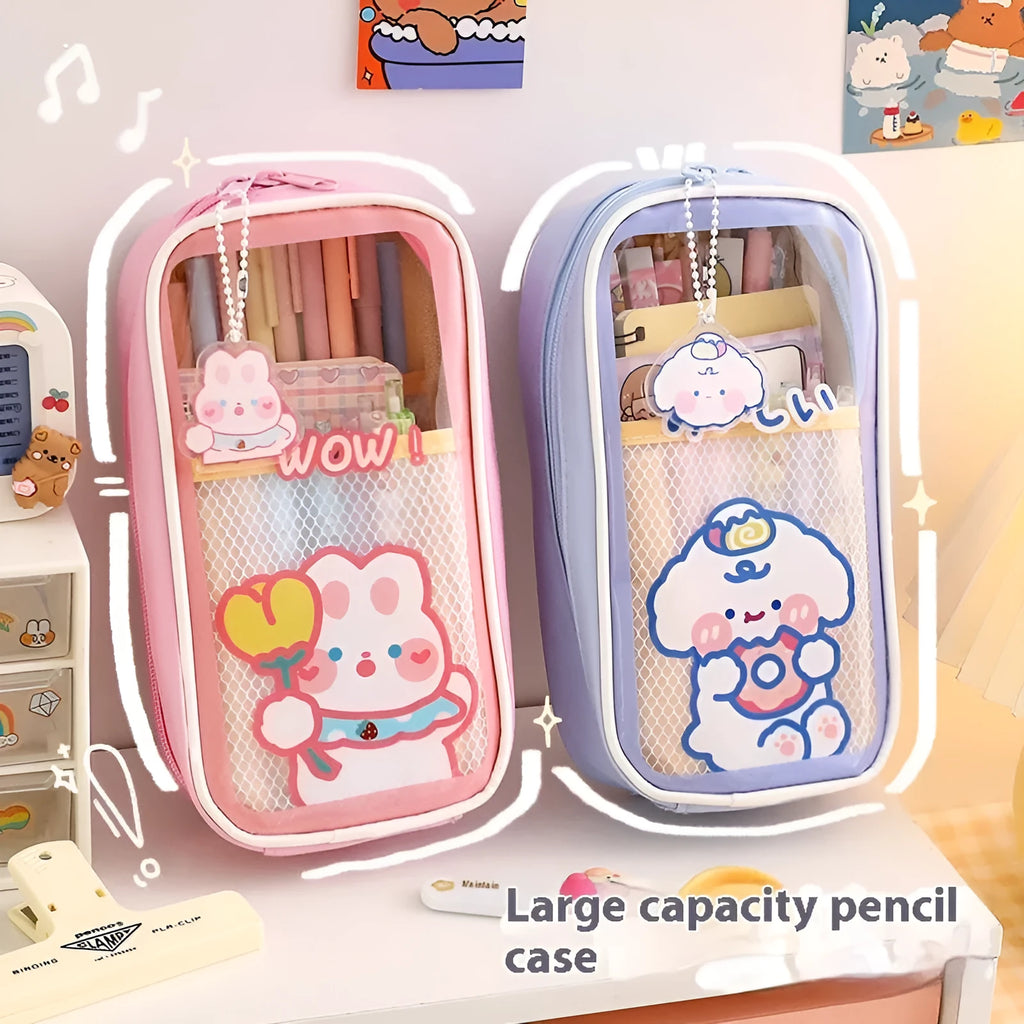 Transparent PVC pencil case with Korean-style animal patterns in vertical-candy bear design