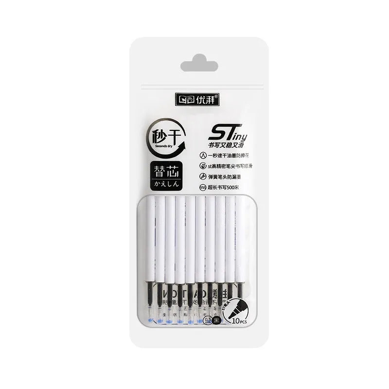 Quick-drying pen refills for bullet point pens in black, red, blue, and ink blue, sold in a pack of 10 bags.