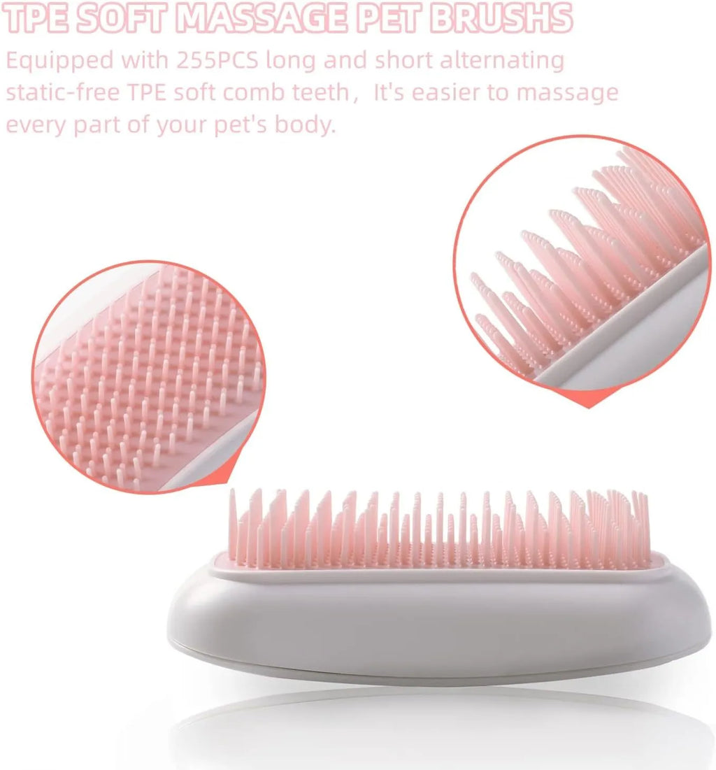 Pink handheld electric pet grooming brush with TPE comb teeth on a white background