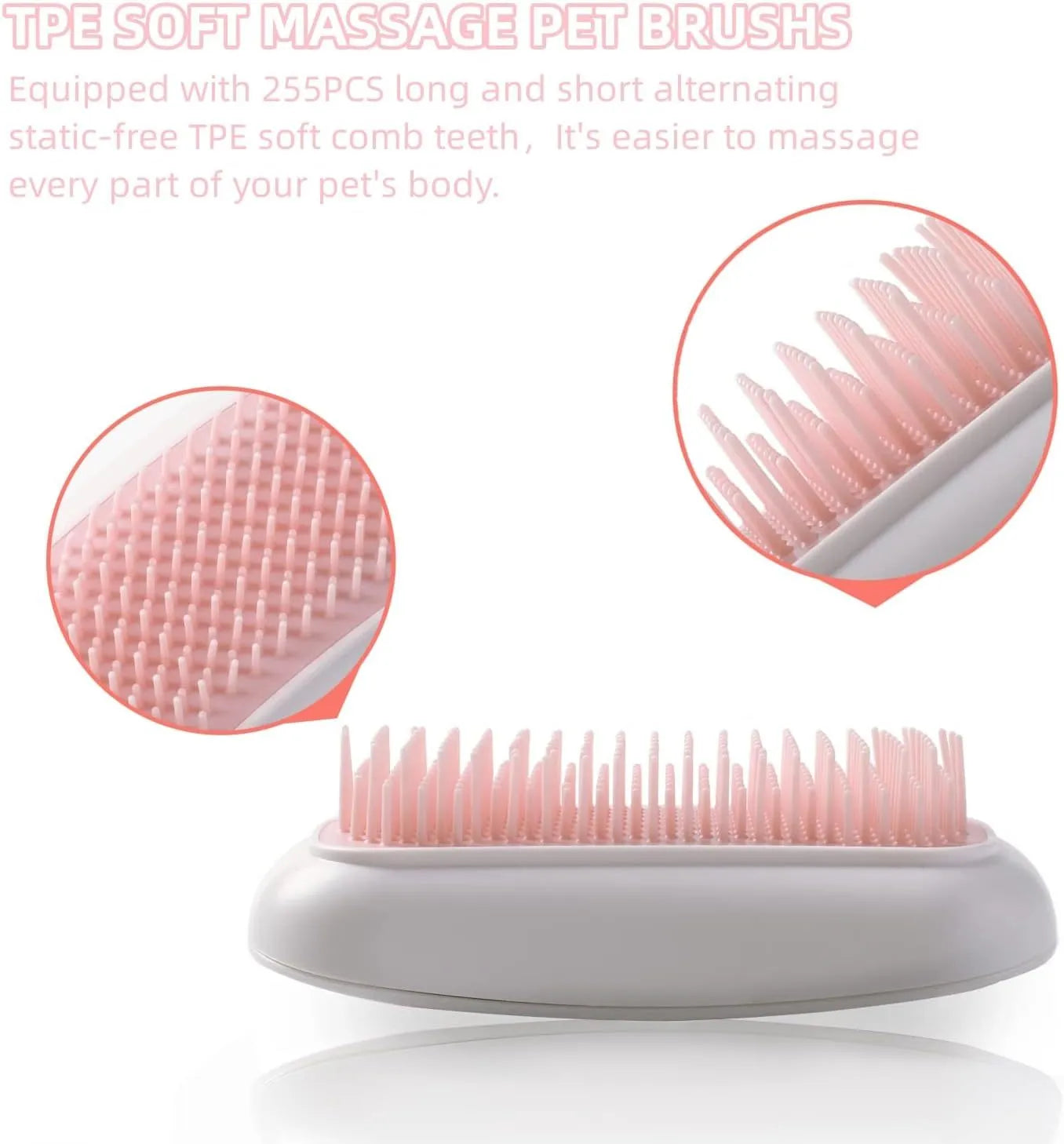 Pink handheld electric pet grooming brush with TPE comb teeth on a white background