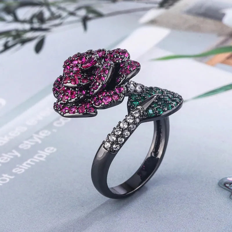 Black gold geometric floral women's ring with simulated red corundum stones
