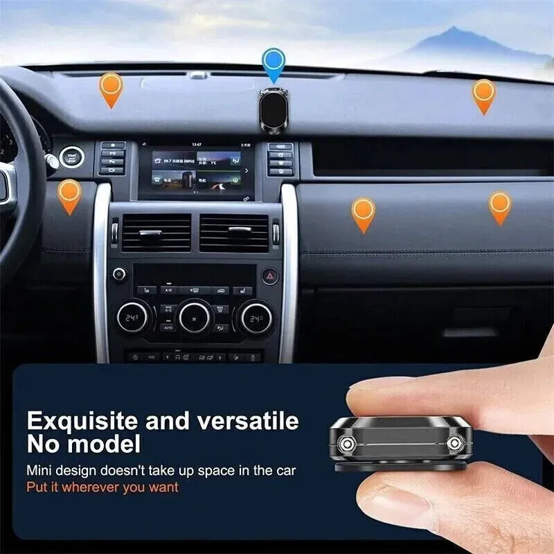 Chrome folding magnetic car phone holder mounted on a dashboard, showing 360-degree rotation.