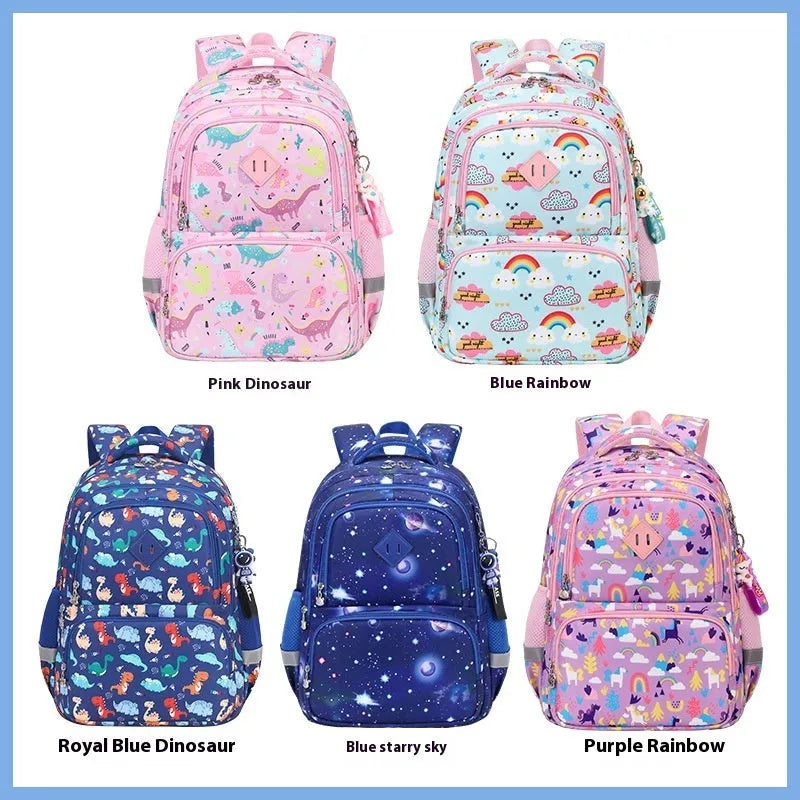 Blue dinosaur pattern children's waterproof school backpack with curved shoulder straps.