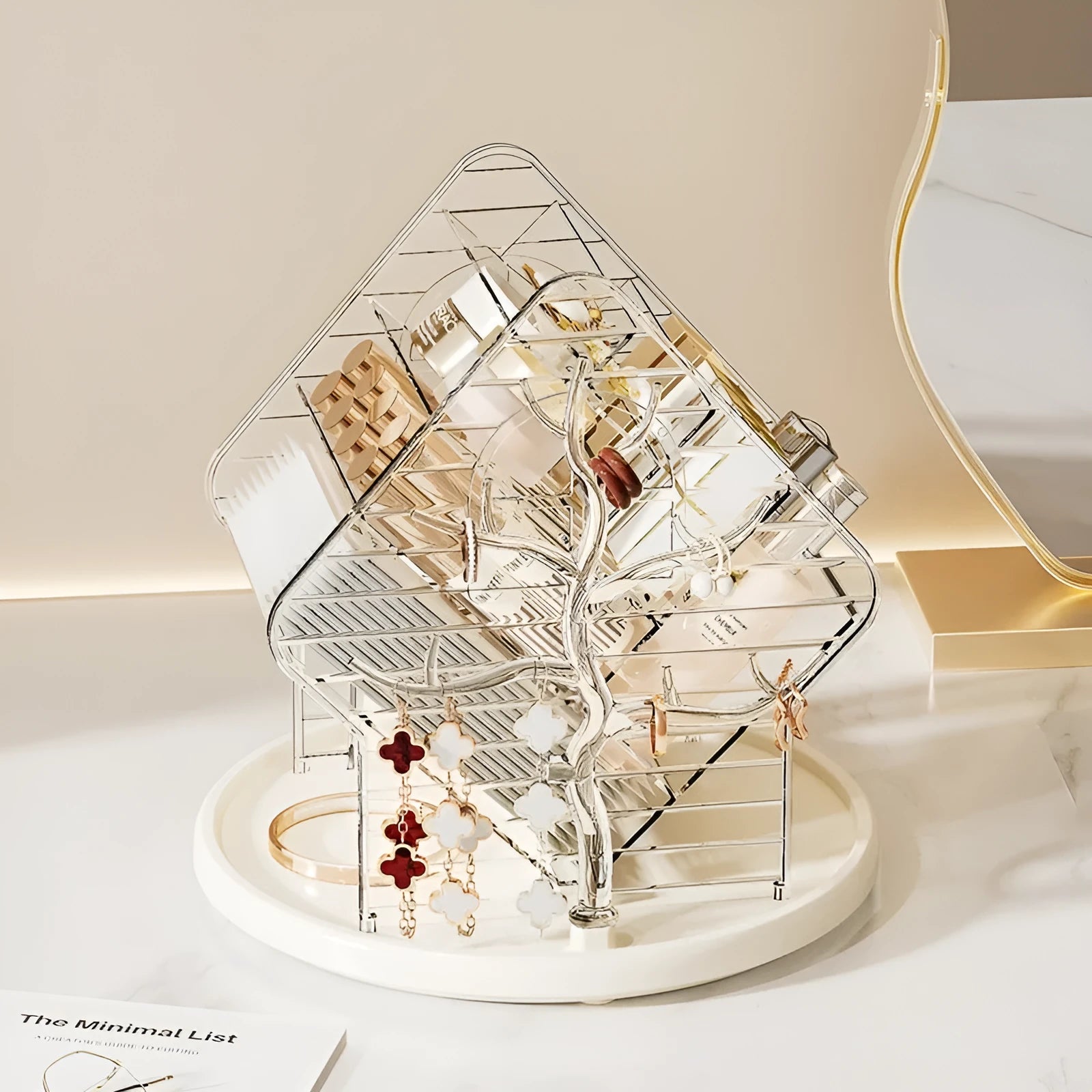 Rotating cosmetics storage box in clear or Amber Gold with 360° rotation mechanism