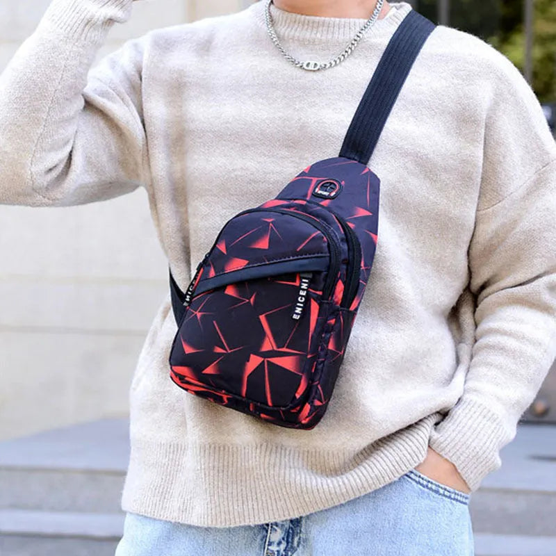 Blue print sling chest bag for men with crossbody strap and visible earphone hole