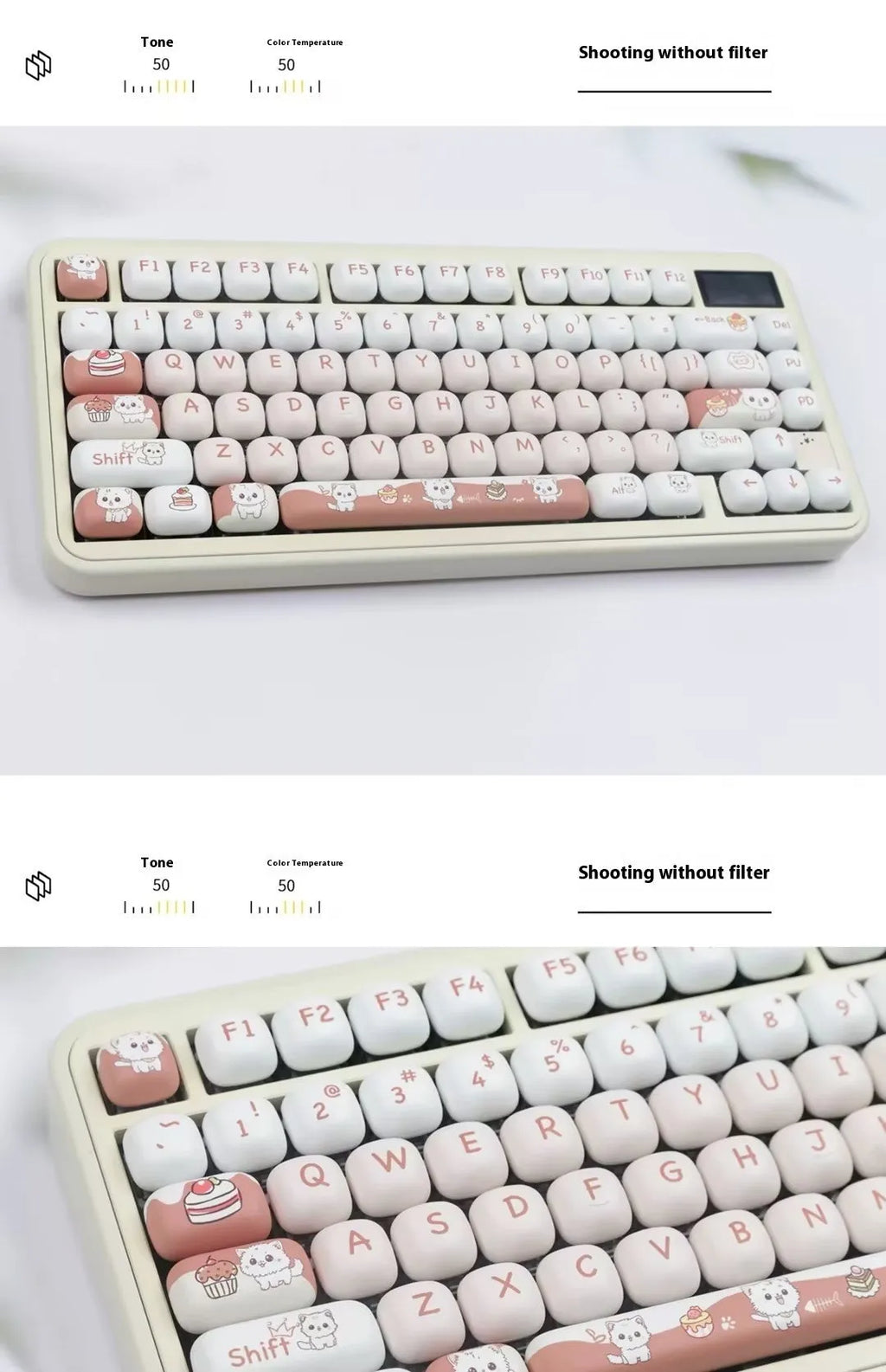 MOG round mechanical keyboard key caps with colourful sublimation print of cartoon cats and desserts.