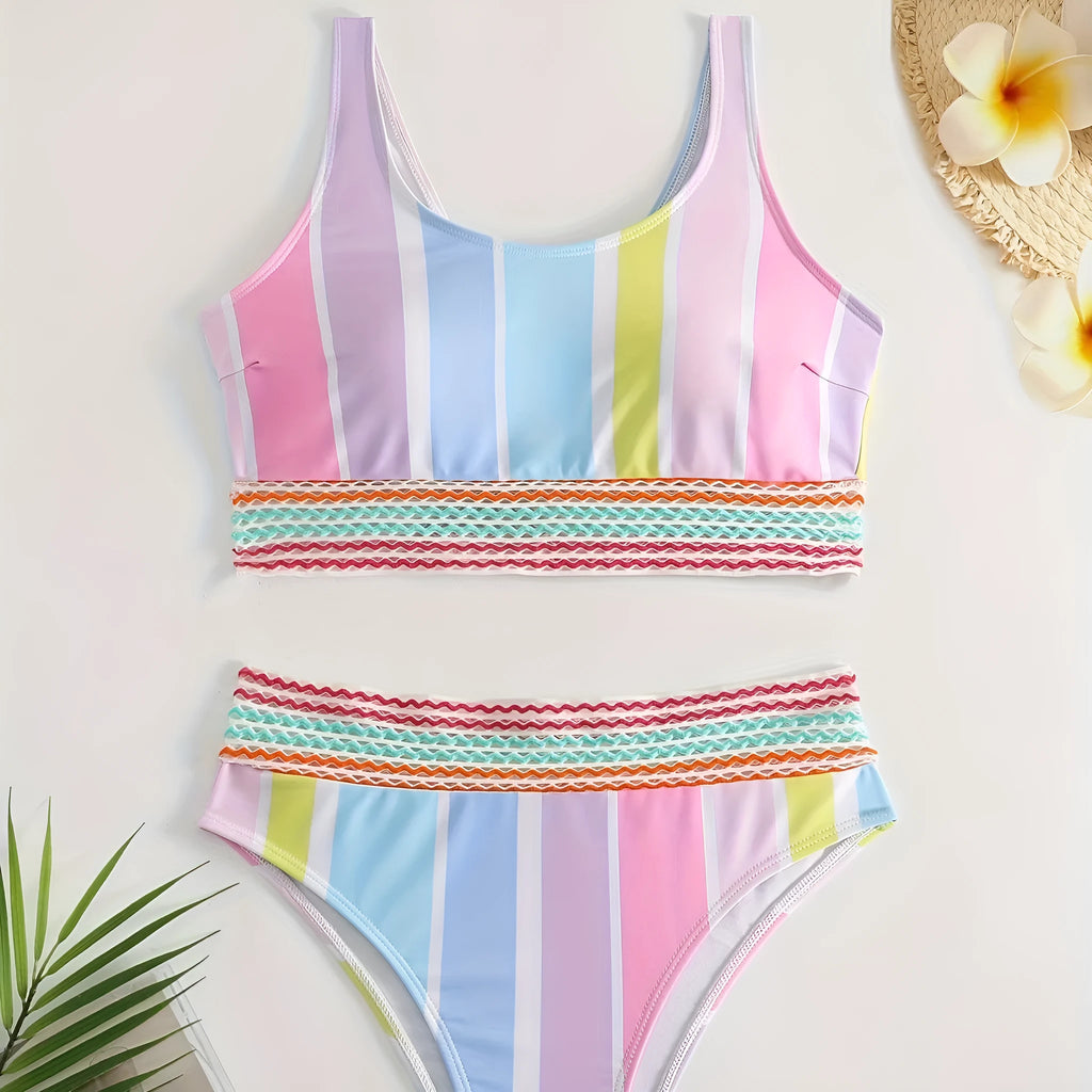 Women's striped sport bikini top and briefs on a white background.