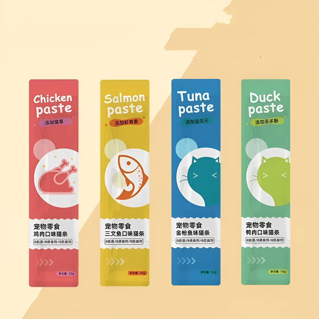 Pack of 10 cat snack strips for kittens with four flavour variety options