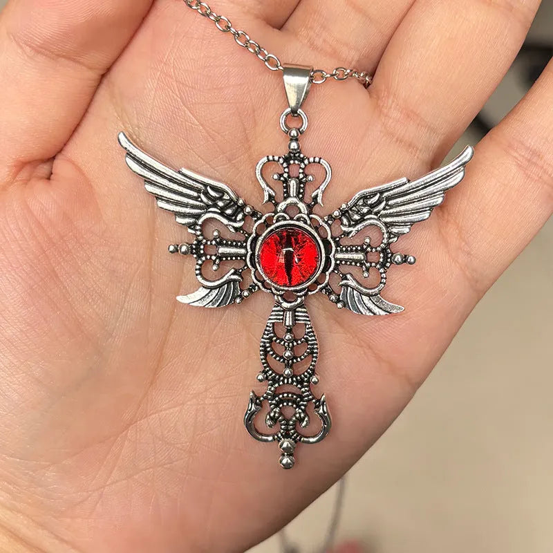 Creative devil wings and cross design alloy pendant necklace on a chain, shown in multiple colour options.